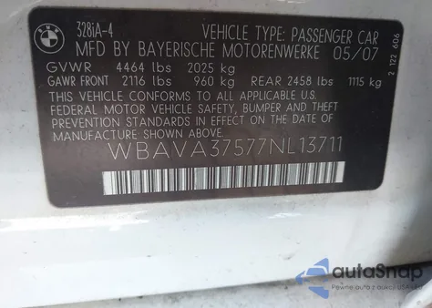 2007 BMW 328I z USA, uszkodzony, nr VIN WBAVA37577NL13711